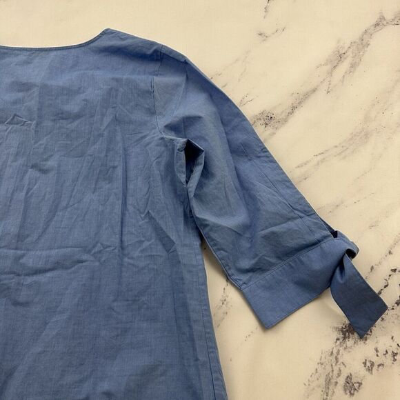 Talbots Embroidered Trim Tunic Top Size L Blue White Tie 3/4 Sleeve Blouse - Picture 10 of 12